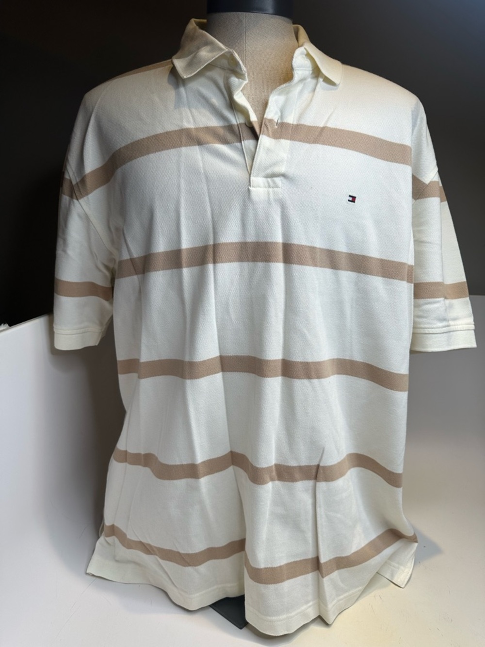 Tommy Hilfiger Cream and Tan Horizontal Stripe Polo